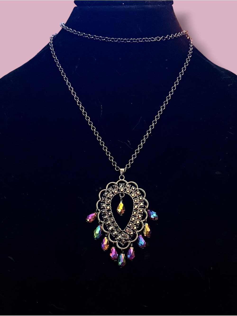 Long gunmetal silver teardrop peacock dangle beads pendant necklace